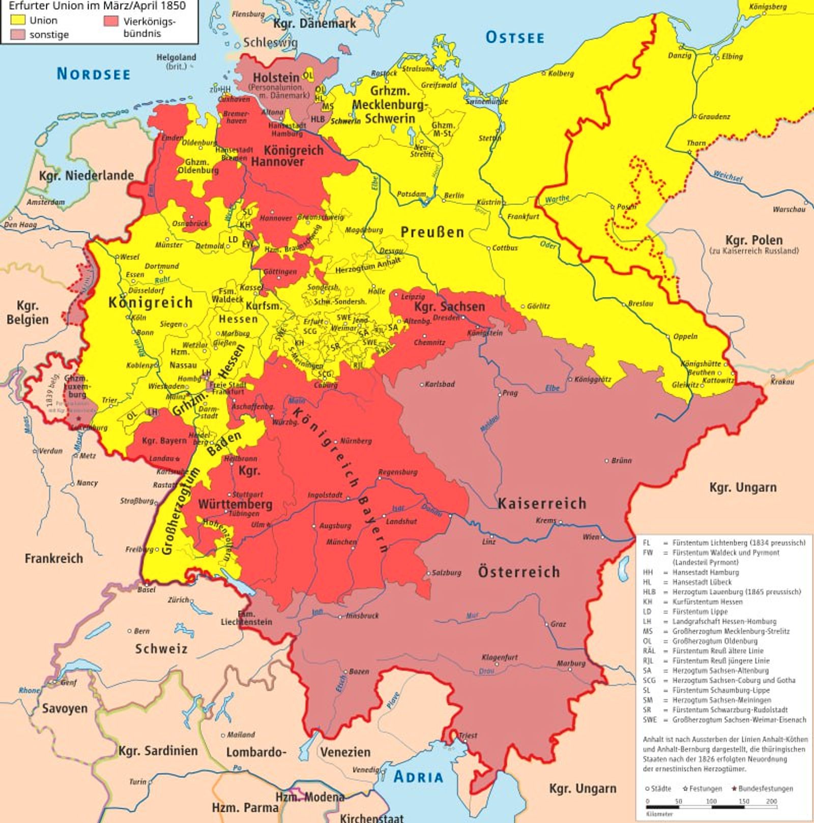 Пожелавшие войти в Эрфуртский союз государства отмечены желтым