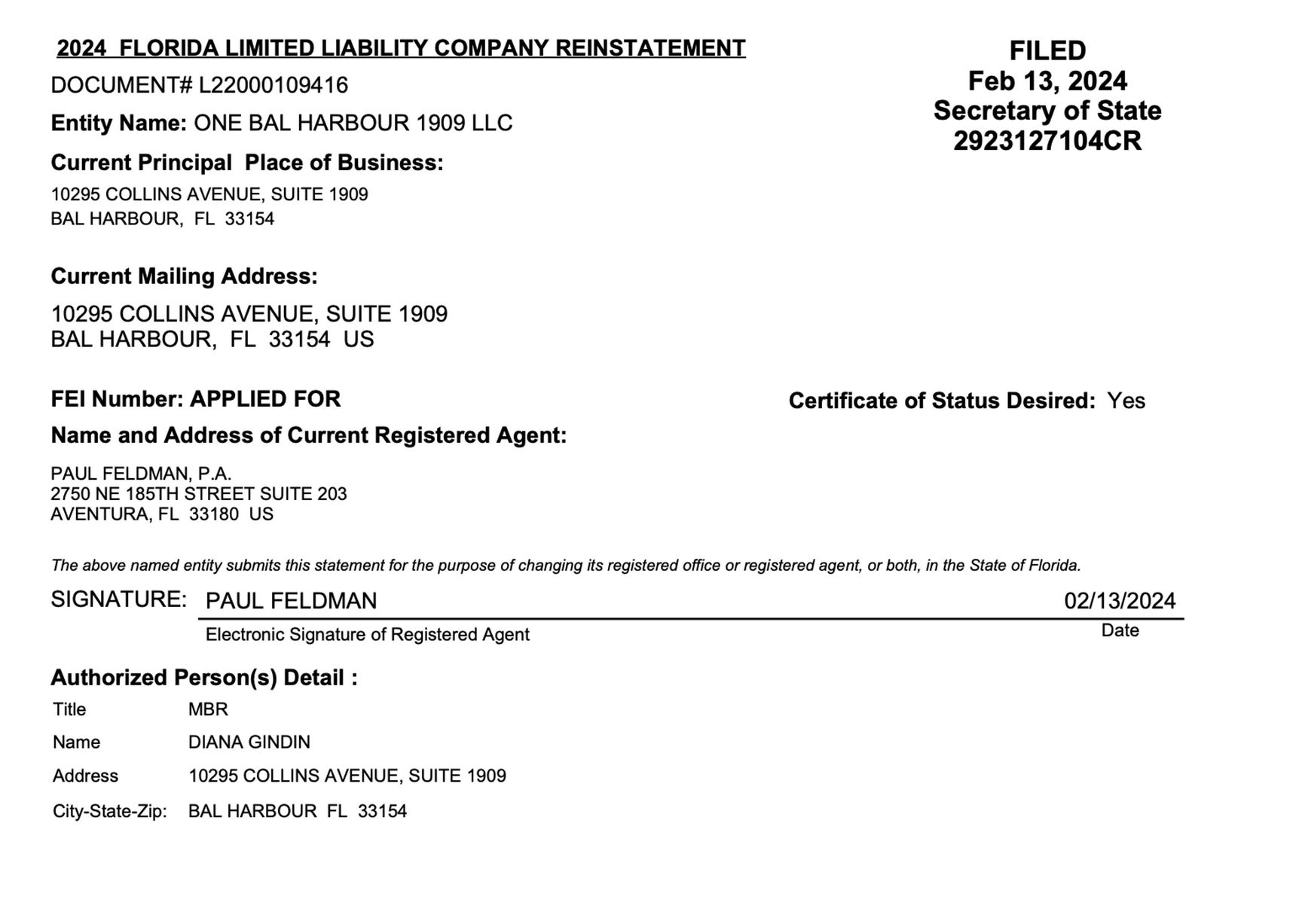 Diana Gindin’s ties to the U.S. company One Bal Harbour 1909 LLC