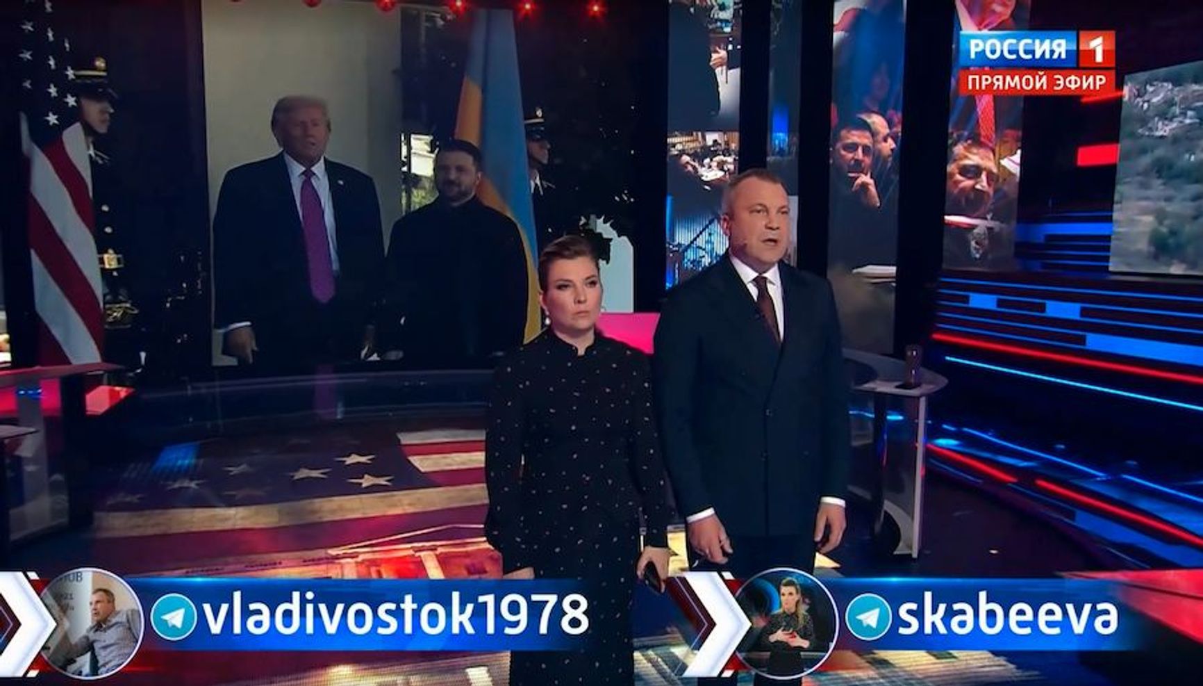 Olga Skabeeva and Yevgeny Popov during a broadcast on the state-controlled TV channel Rossiya-1.