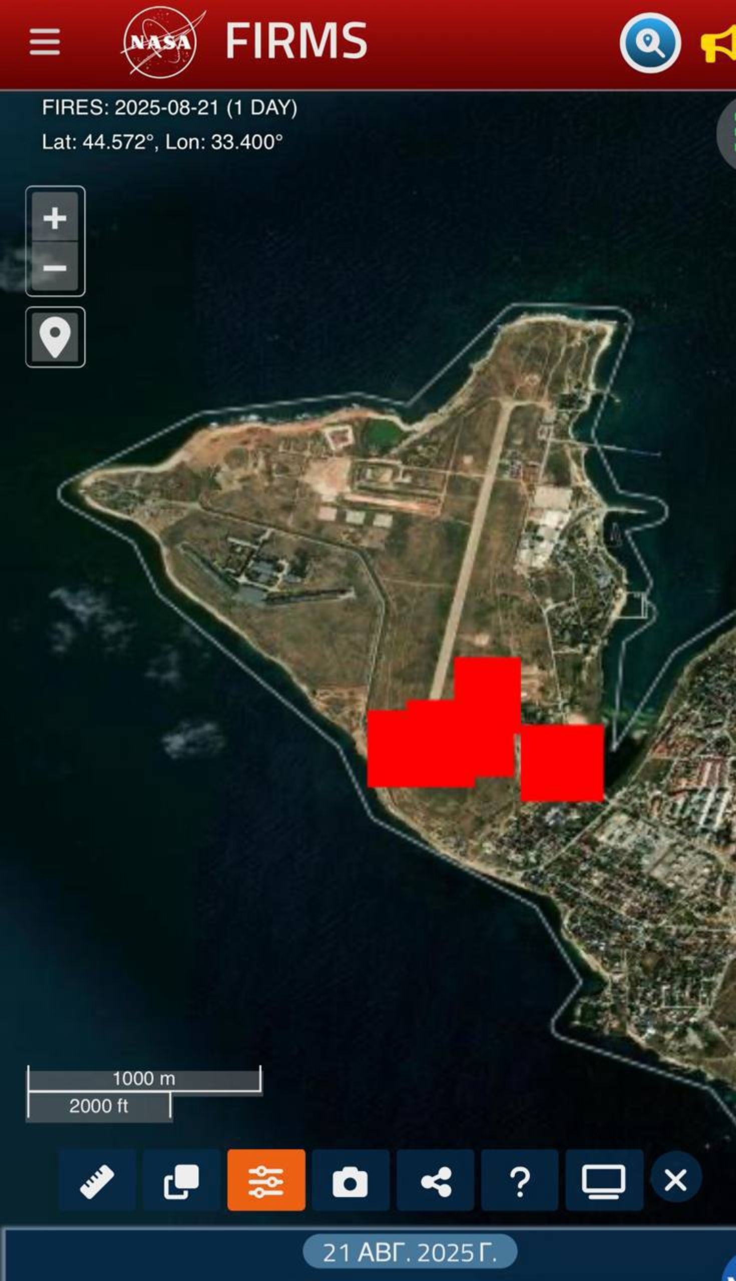 Сигнатуры пожаров спутникового сервиса NASA FIRMS на месте недействующего аэродрома Херсонес под Севастополем