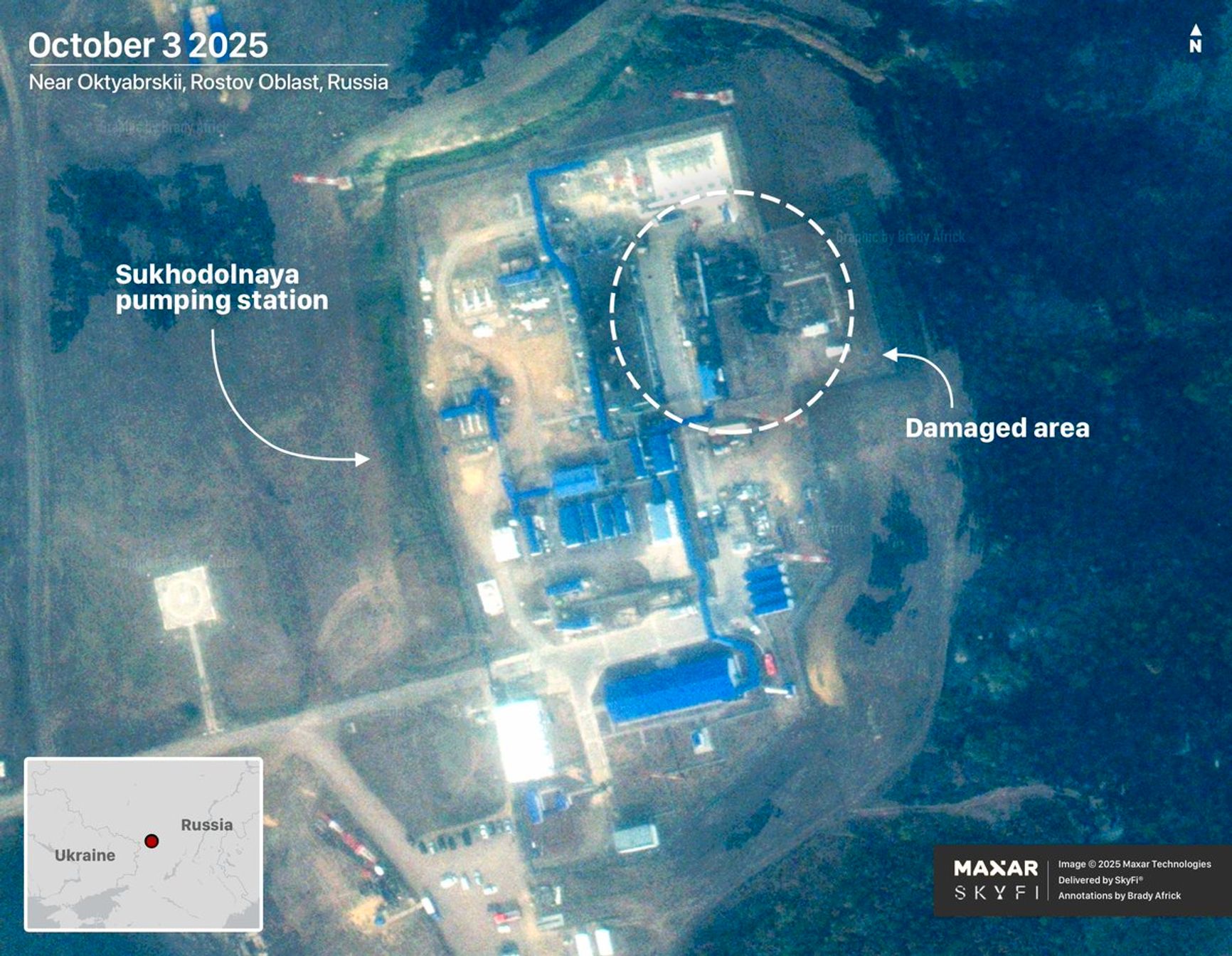 Спутниковый снимок последствий налета на нефтеперекачивающую станцию «Суходольная» в Ростовской области